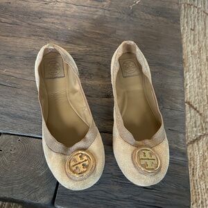 TORY BURCH LOGO BALLET FLATS DRESS SHOES GOLD SPARKLE SIZE 9.5